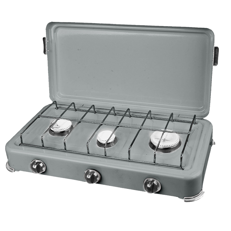 Réchaud gaz portable 3 feux 3000W SILVER 3 Table de cuisson à gaz  Butane/Propane Bruleurs inox Couvercle
